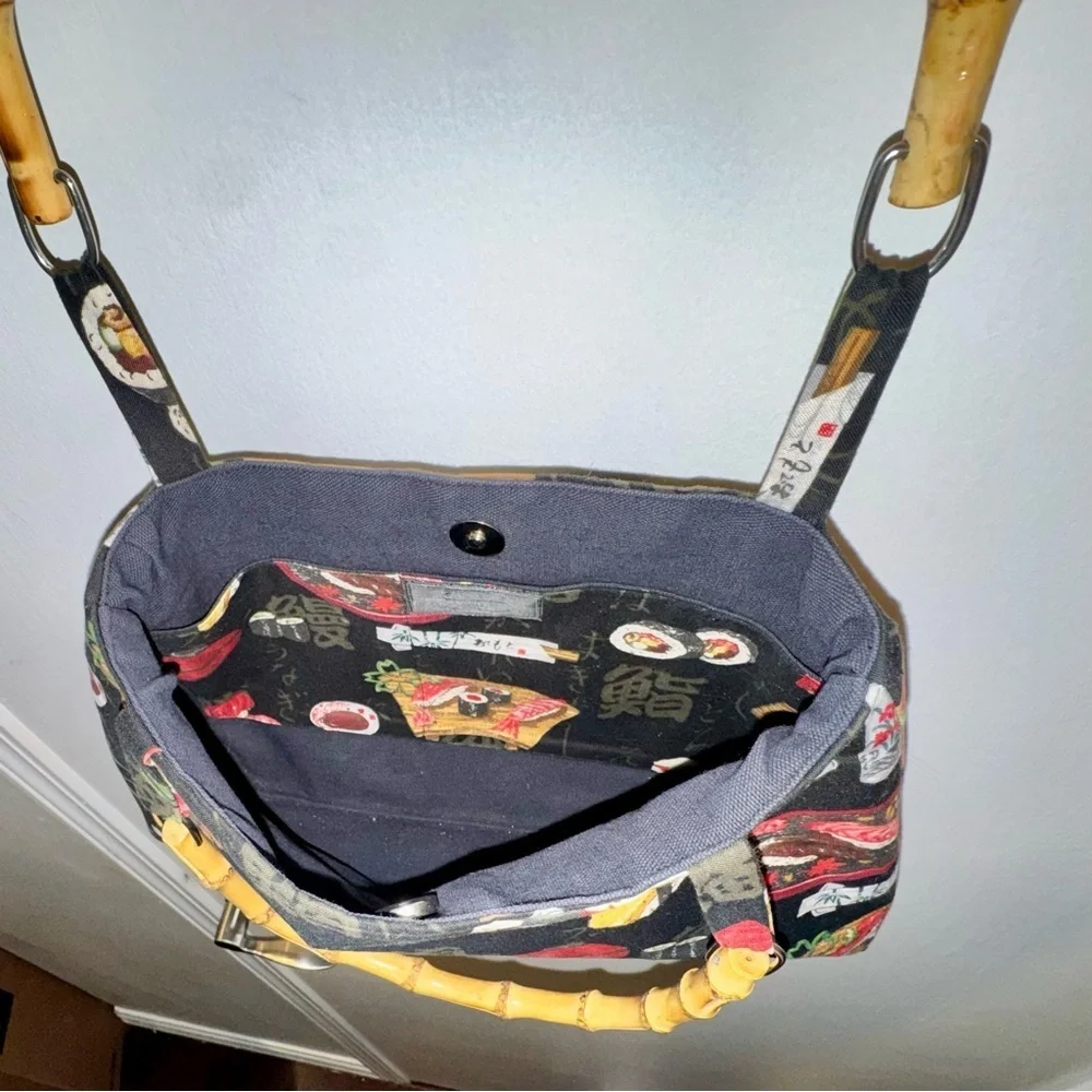 Vintage Sushi Print Handbag with Bamboo Handles